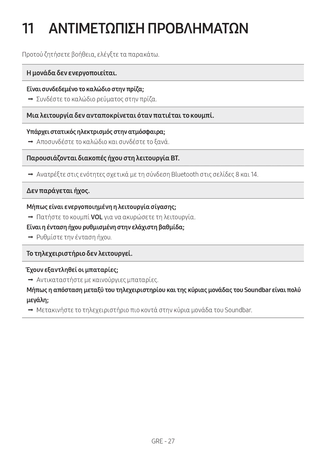 Samsung HW-N400/EN, HW-N400/ZG, HW-N400/ZF, HW-N410/XE, HW-N400/XN manual 11 Αντιμετωπιση Προβληματων 