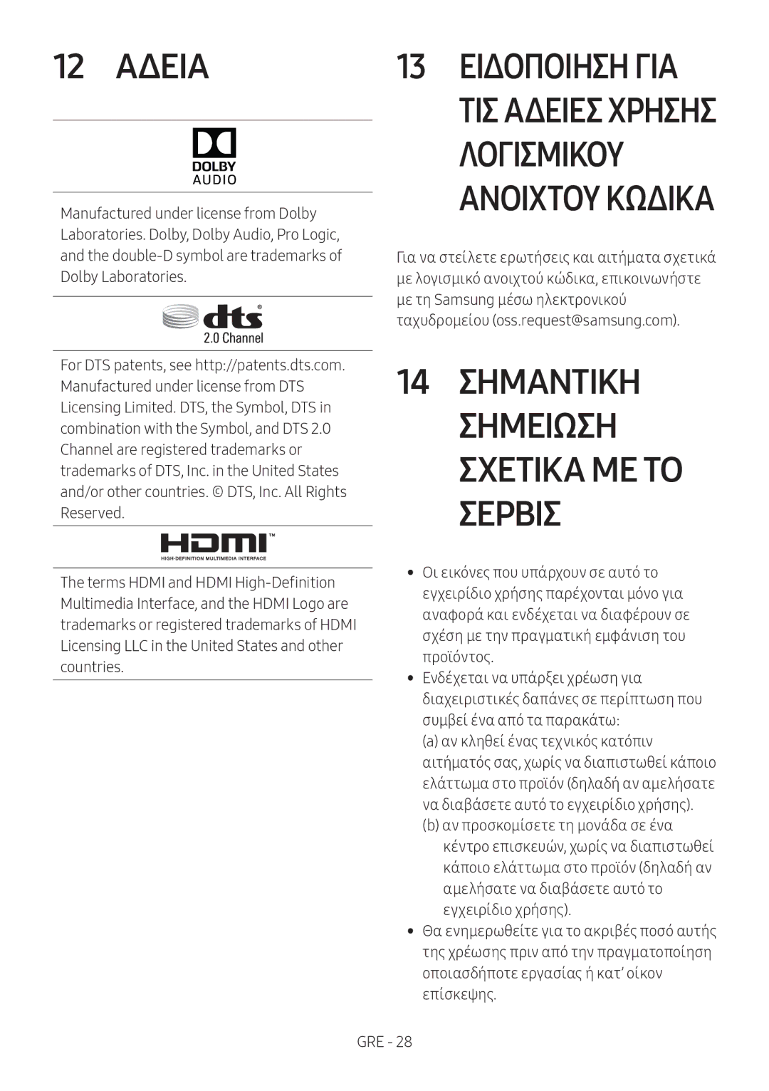 Samsung HW-N410/XE, HW-N400/ZG, HW-N400/ZF, HW-N400/EN, HW-N400/XN manual 12 Αδεια, 14 Σημαντικη Σημειωση Σχετικα ΜΕ ΤΟ Σερβισ 