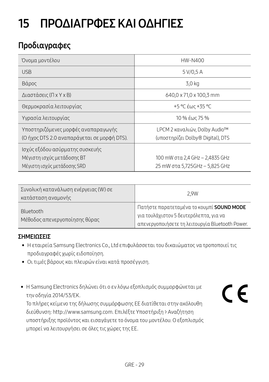 Samsung HW-N400/XN, HW-N400/ZG, HW-N400/ZF, HW-N400/EN, HW-N410/XE manual Προδιαγρφεσ ΚΑΙ Οδηγιεσ, Προδιαγραφες, Σημειωσεισ 