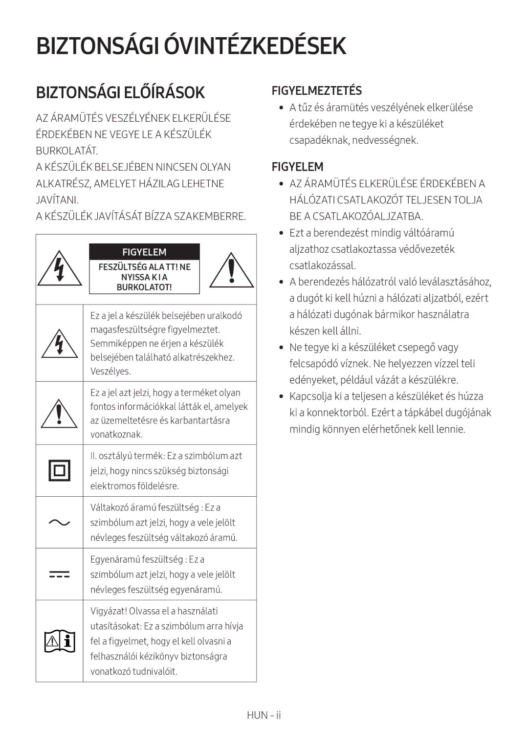 Samsung HW-N400/ZF, HW-N400/ZG, HW-N400/EN, HW-N410/XE, HW-N400/XN manual Biztonsági Óvintézkedések, Figyelmeztetés, Figyelem 