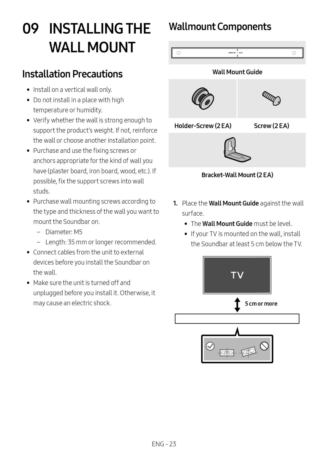 Samsung HW-N400/EN manual Installation Precautions, Wallmount Components, Wall Mount Guide Holder-Screw 2 EA, Cm or more 