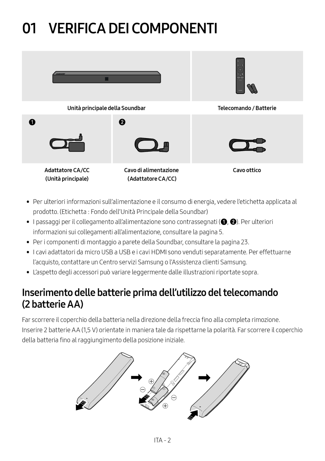 Samsung HW-N410/XE manual Verifica DEI Componenti, Unità principale della Soundbar, Telecomando / Batterie Cavo ottico 