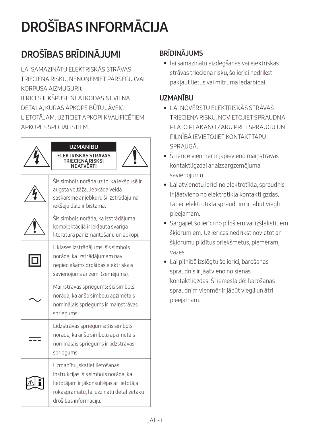 Samsung HW-N400/EN, HW-N400/ZG, HW-N400/ZF, HW-N410/XE, HW-N400/XN manual Drošības Informācija, Brīdinājums, Uzmanību 