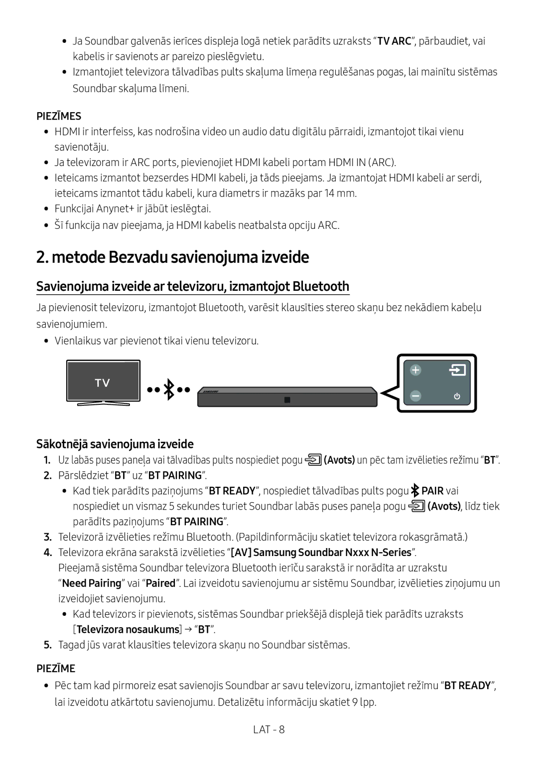 Samsung HW-N400/EN Metode Bezvadu savienojuma izveide, Savienojuma izveide ar televizoru, izmantojot Bluetooth, Piezīmes 