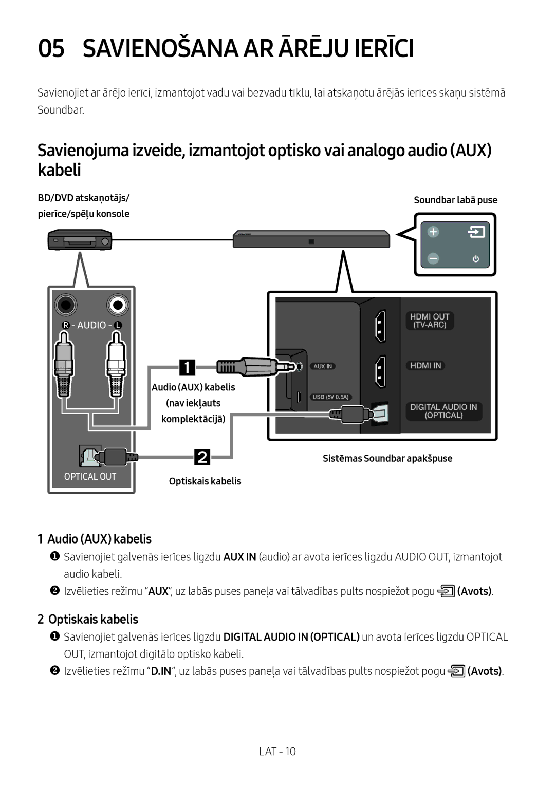 Samsung HW-N400/XN, HW-N400/ZG manual Savienošana AR Ārēju Ierīci, Audio AUX kabelis, Optiskais kabelis, BD/DVD atskaņotājs 