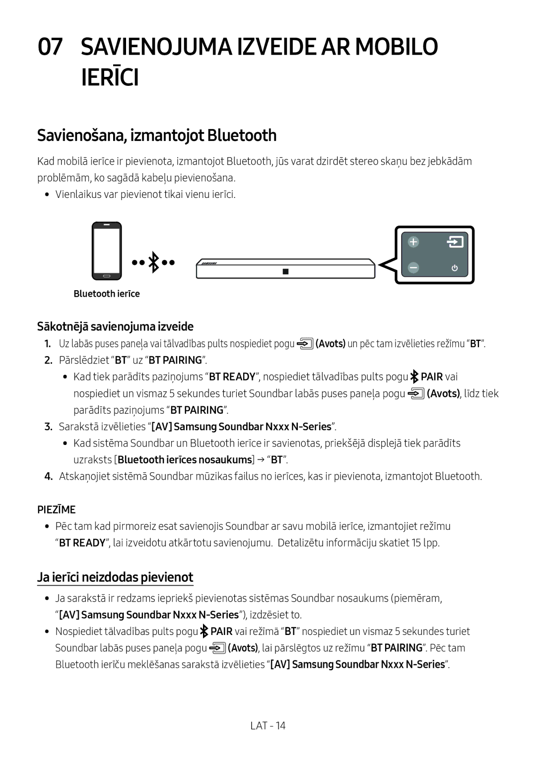 Samsung HW-N410/XE Savienojuma Izveide AR Mobilo Ierīci, Savienošana, izmantojot Bluetooth, Ja ierīci neizdodas pievienot 