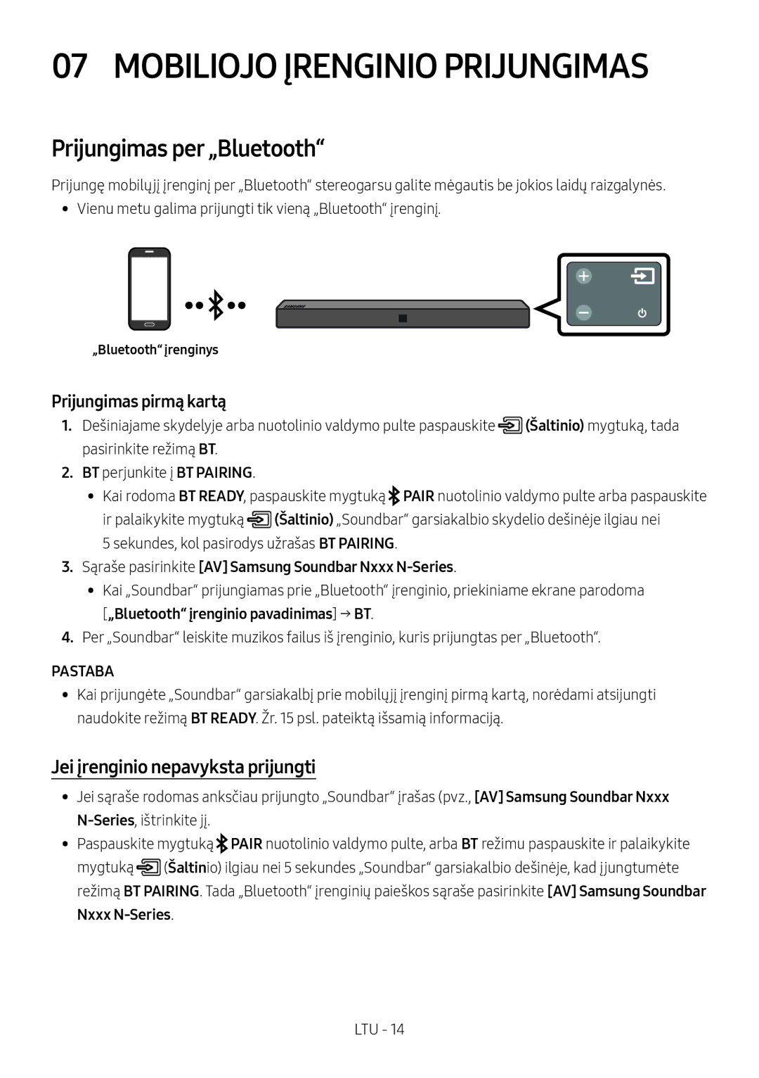 Samsung HW-N400/ZF manual Mobiliojo Įrenginio Prijungimas, Prijungimas per „Bluetooth, Jei įrenginio nepavyksta prijungti 