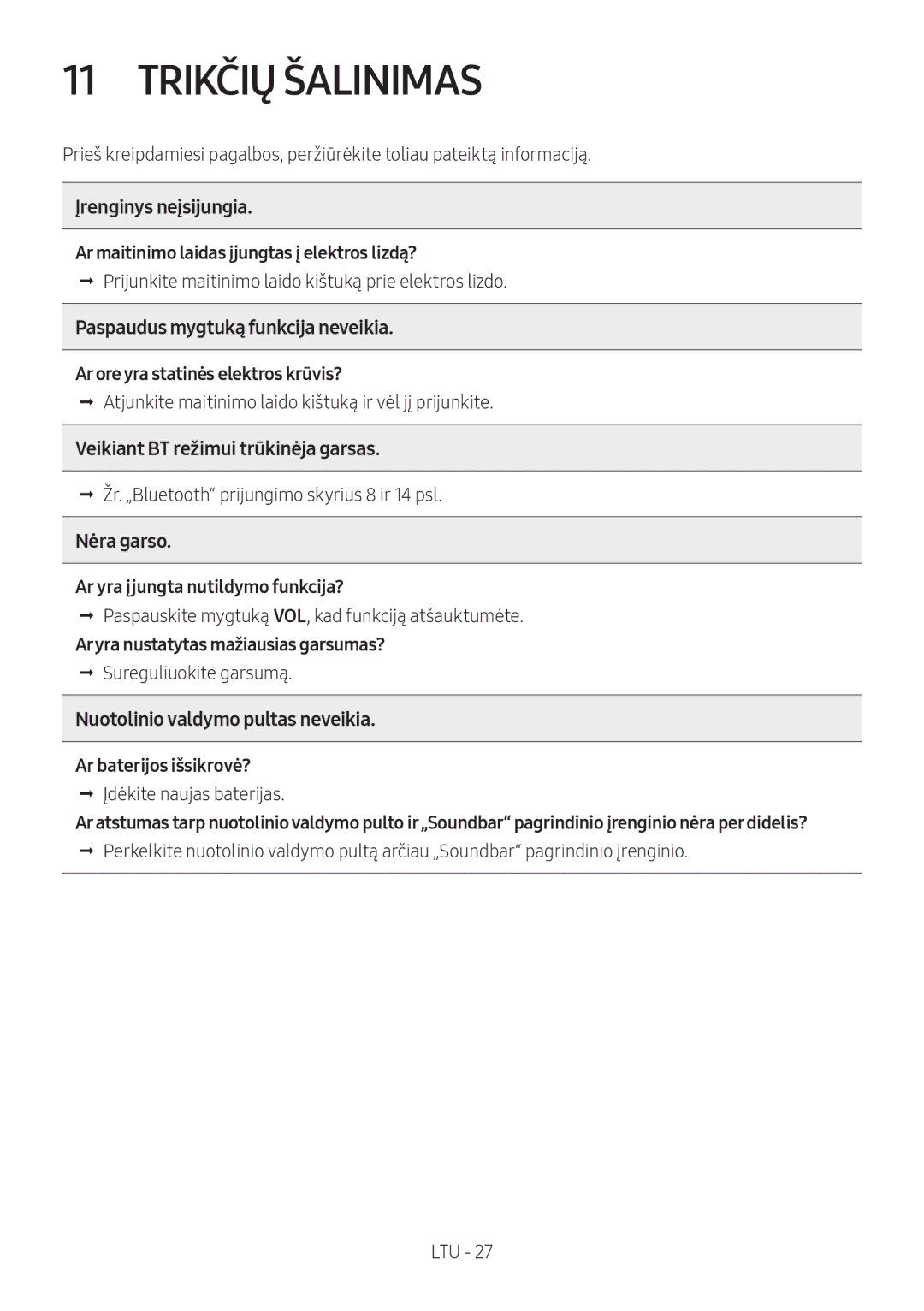 Samsung HW-N400/XN, HW-N400/ZG, HW-N400/ZF, HW-N400/EN, HW-N410/XE manual Trikčių Šalinimas 