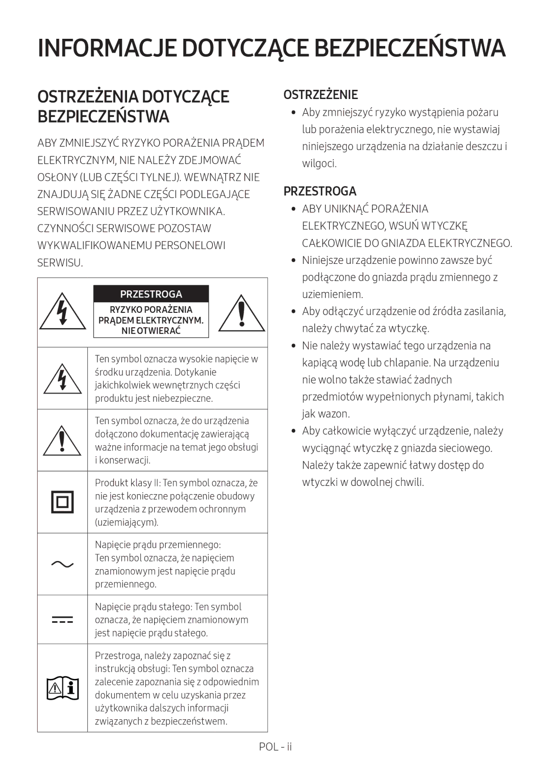 Samsung HW-N410/XE, HW-N400/ZG, HW-N400/ZF, HW-N400/EN, HW-N400/XN manual Ostrzeżenie, Przestroga 