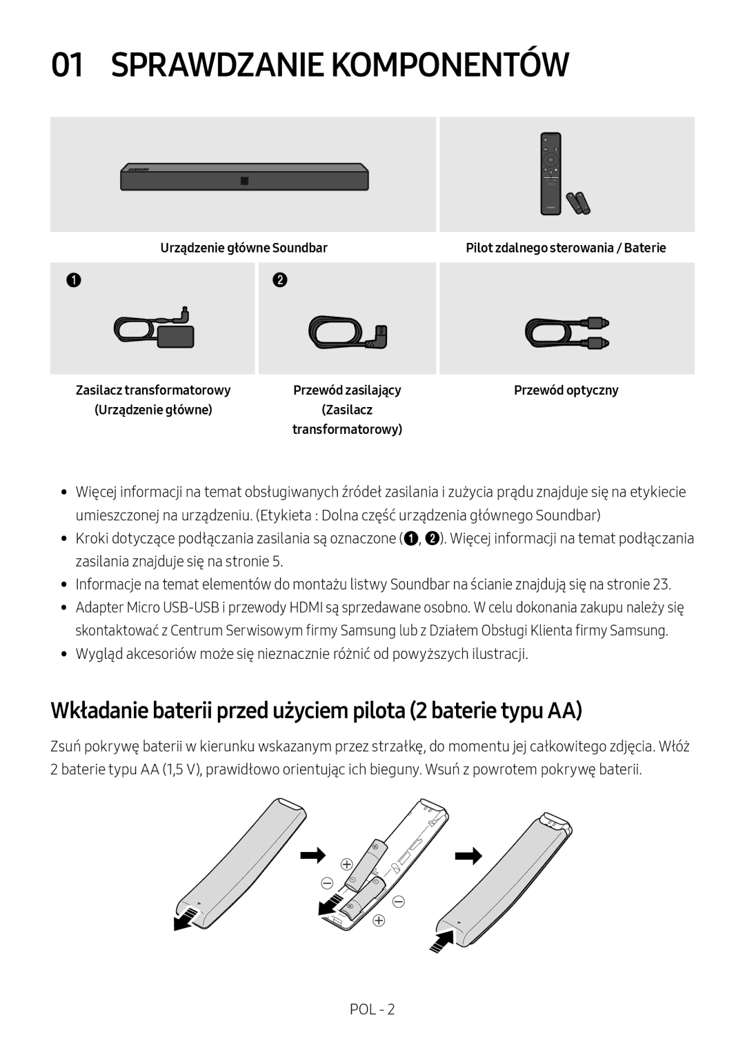 Samsung HW-N400/EN, HW-N400/ZG manual Sprawdzanie Komponentów, Wkładanie baterii przed użyciem pilota 2 baterie typu AA 