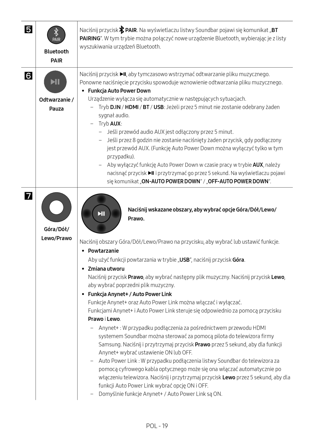 Samsung HW-N400/XN Wyszukiwania urządzeń Bluetooth, Funkcja Auto Power Down, Góra/Dół Prawo, Powtarzanie, Zmiana utworu 