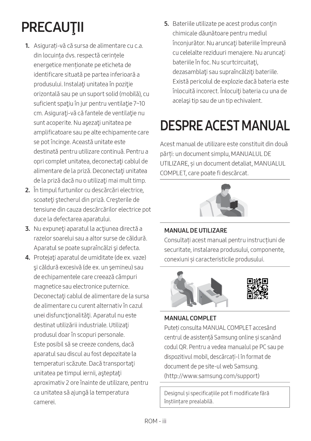 Samsung HW-N400/EN, HW-N400/ZG, HW-N400/ZF, HW-N410/XE, HW-N400/XN manual Precauţii, Manual DE Utilizare, Manual Complet 