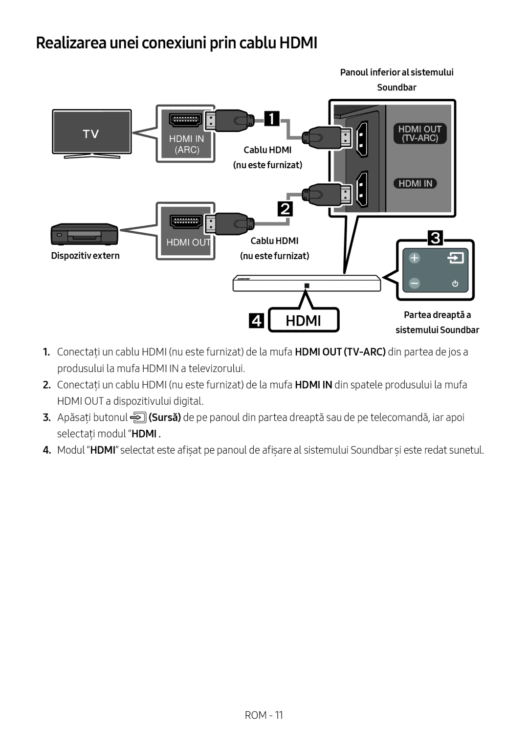 Samsung HW-N400/XN, HW-N400/ZG, HW-N400/ZF, HW-N400/EN manual Realizarea unei conexiuni prin cablu Hdmi, Dispozitiv extern 