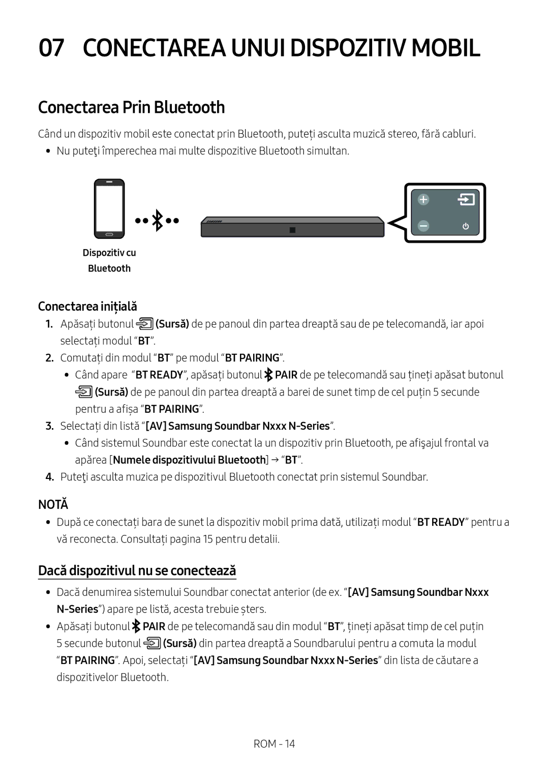 Samsung HW-N400/EN manual Conectarea Unui Dispozitiv Mobil, Conectarea Prin Bluetooth, Dacă dispozitivul nu se conectează 