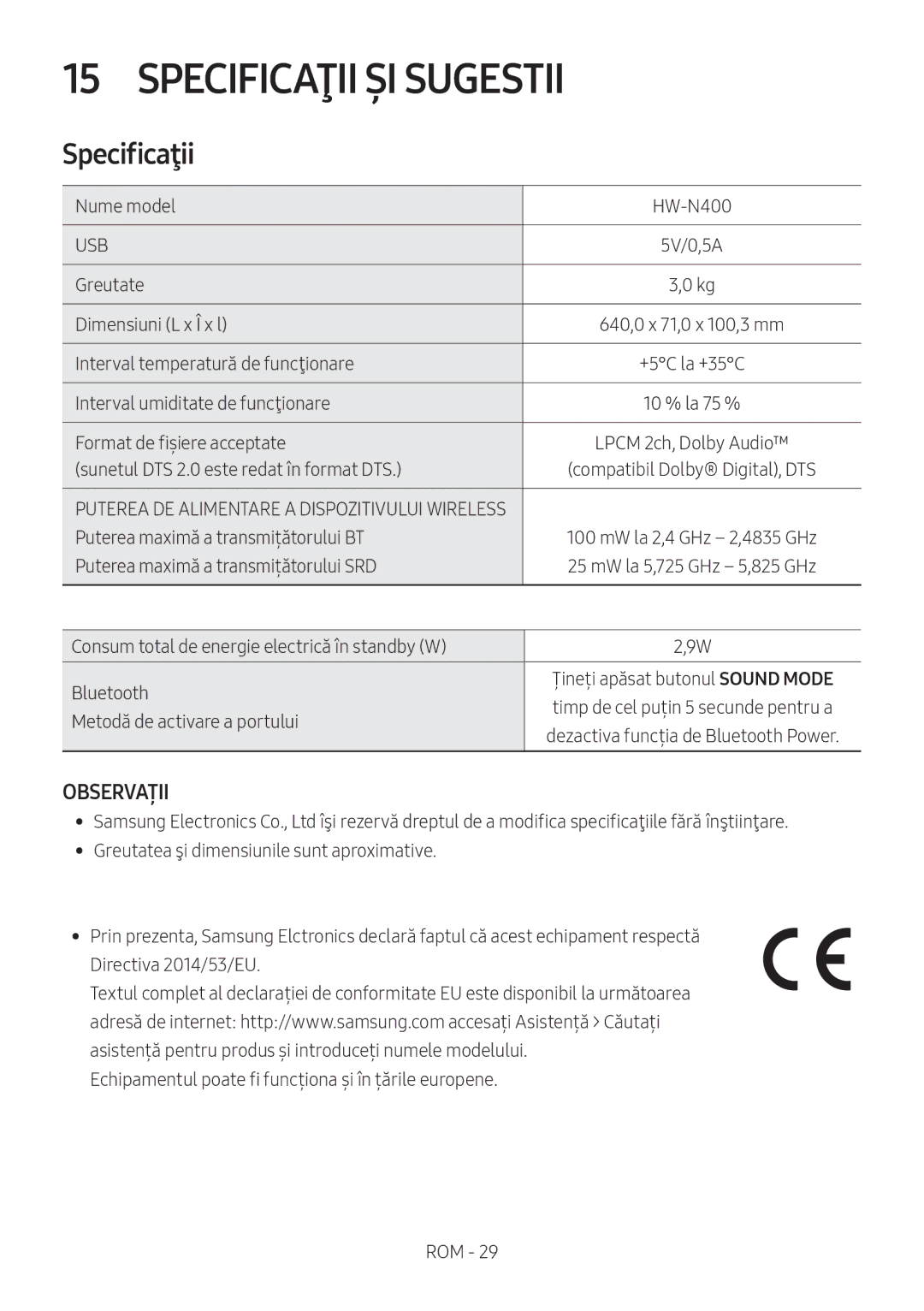 Samsung HW-N400/EN, HW-N400/ZG, HW-N400/ZF, HW-N410/XE, HW-N400/XN manual Specificaţii ȘI Sugestii, Observații 