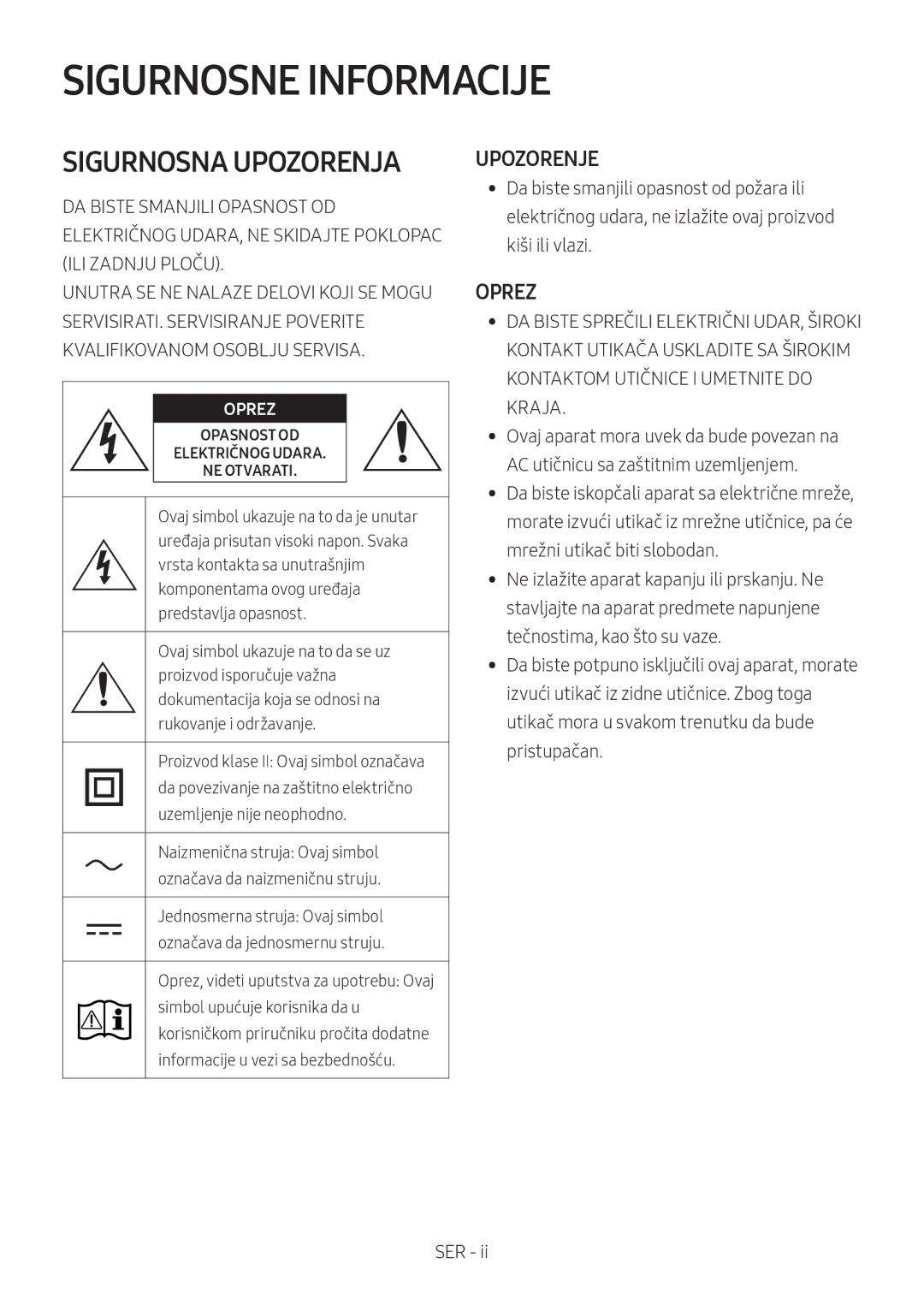 Samsung HW-N400/XN, HW-N400/ZG, HW-N400/ZF, HW-N400/EN, HW-N410/XE manual Opasnost OD Električnog Udara NE Otvarati 