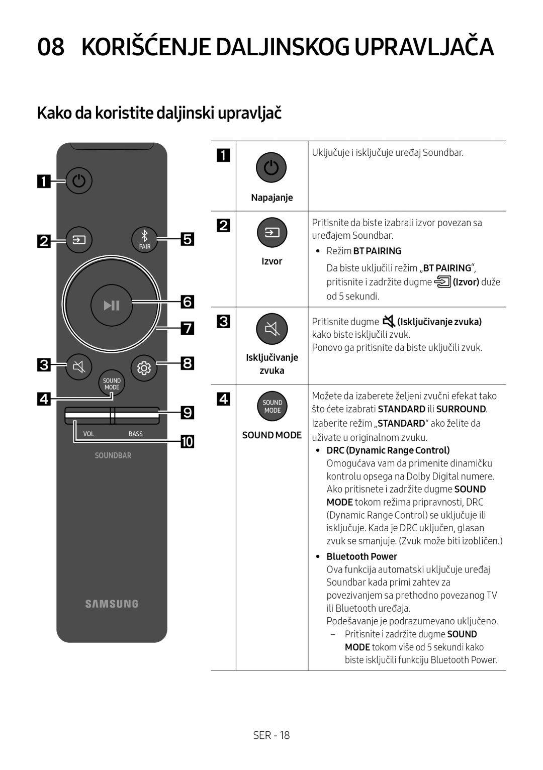 Samsung HW-N400/XN, HW-N400/ZG manual Kako da koristite daljinski upravljač, Režim BT Pairing, Isključivanje zvuka, Zvuka 