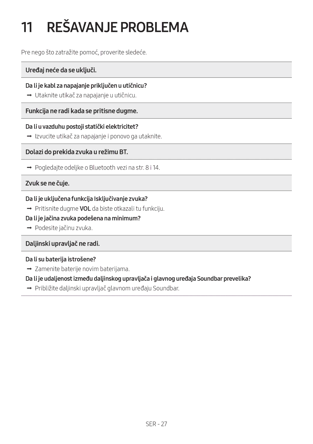 Samsung HW-N410/XE, HW-N400/ZG, HW-N400/ZF, HW-N400/EN, HW-N400/XN manual 11 Rešavanje Problema 