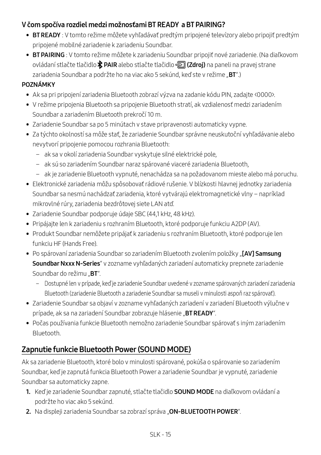 Samsung HW-N400/XN, HW-N400/ZG, HW-N400/ZF, HW-N400/EN, HW-N410/XE manual Zapnutie funkcie Bluetooth Power Sound Mode 