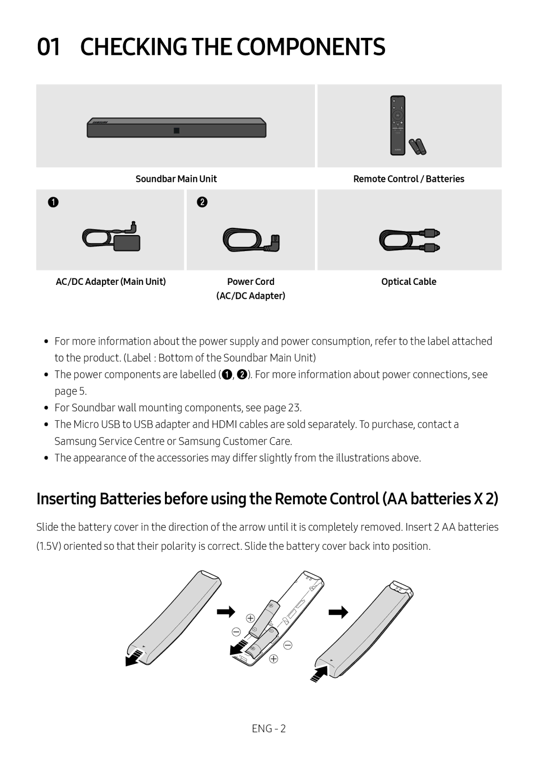 Samsung HW-N400/ZF, HW-N400/ZG, HW-N400/EN, HW-N410/XE Checking the Components, Soundbar Main Unit AC/DC Adapter Main Unit 