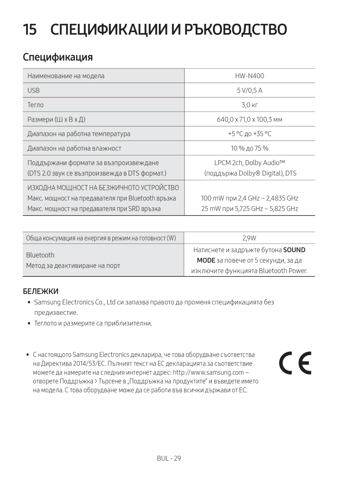 Samsung HW-N400/ZF, HW-N400/ZG, HW-N400/EN, HW-N410/XE, HW-N400/XN manual 15 Спецификации И Ръководство, Спецификация, Бележки 