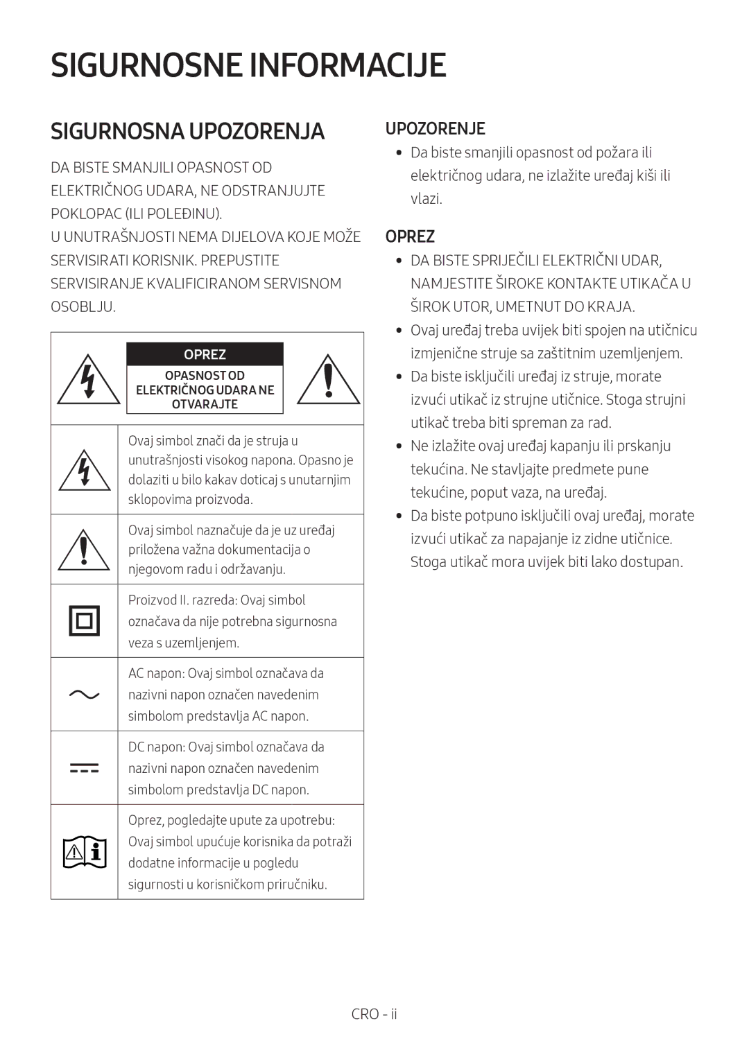 Samsung HW-N410/XE, HW-N400/ZG, HW-N400/ZF, HW-N400/EN, HW-N400/XN manual Sigurnosne Informacije, Upozorenje, Oprez 