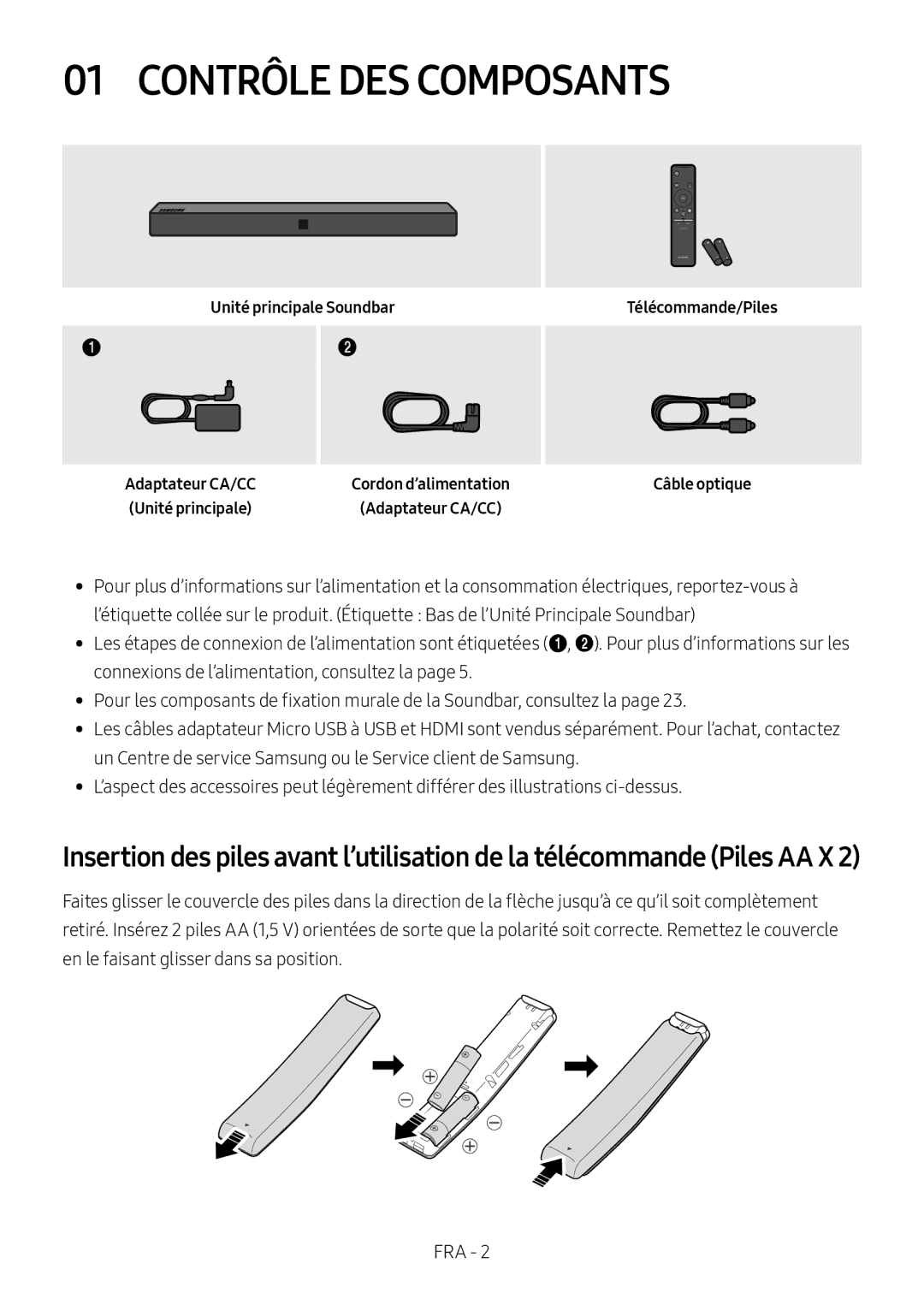 Samsung HW-N400/ZG, HW-N400/ZF manual Contrôle DES Composants, Unité principale Soundbar, Télécommande/Piles Câble optique 