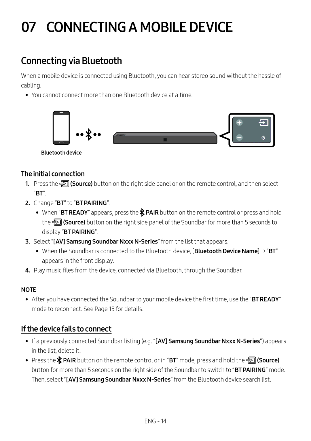 Samsung HW-N410/XE Connecting a Mobile Device, Connecting via Bluetooth, If the device fails to connect, Bluetooth device 