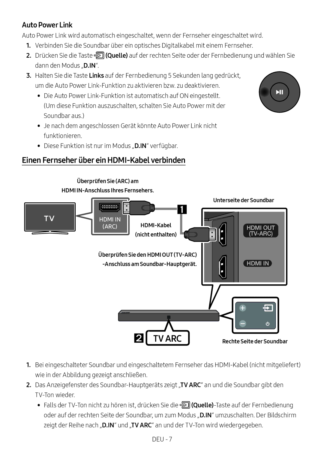 Samsung HW-N400/XN Einen Fernseher über ein HDMI-Kabel verbinden, Überprüfen Sie ARC am Hdmi IN-Anschluss Ihres Fernsehers 