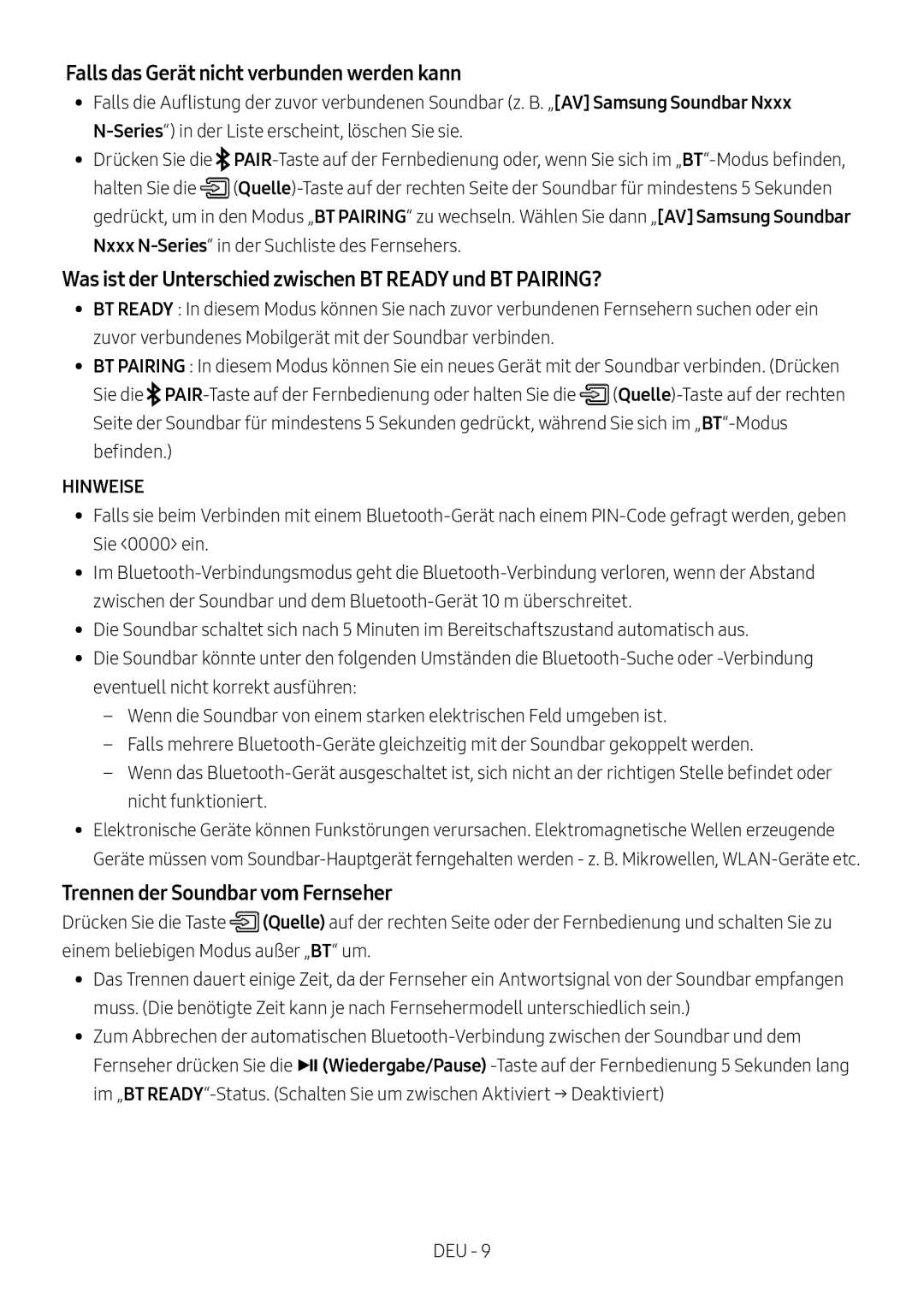 Samsung HW-N400/ZF Falls das Gerät nicht verbunden werden kann, Was ist der Unterschied zwischen BT Ready und BT PAIRING? 