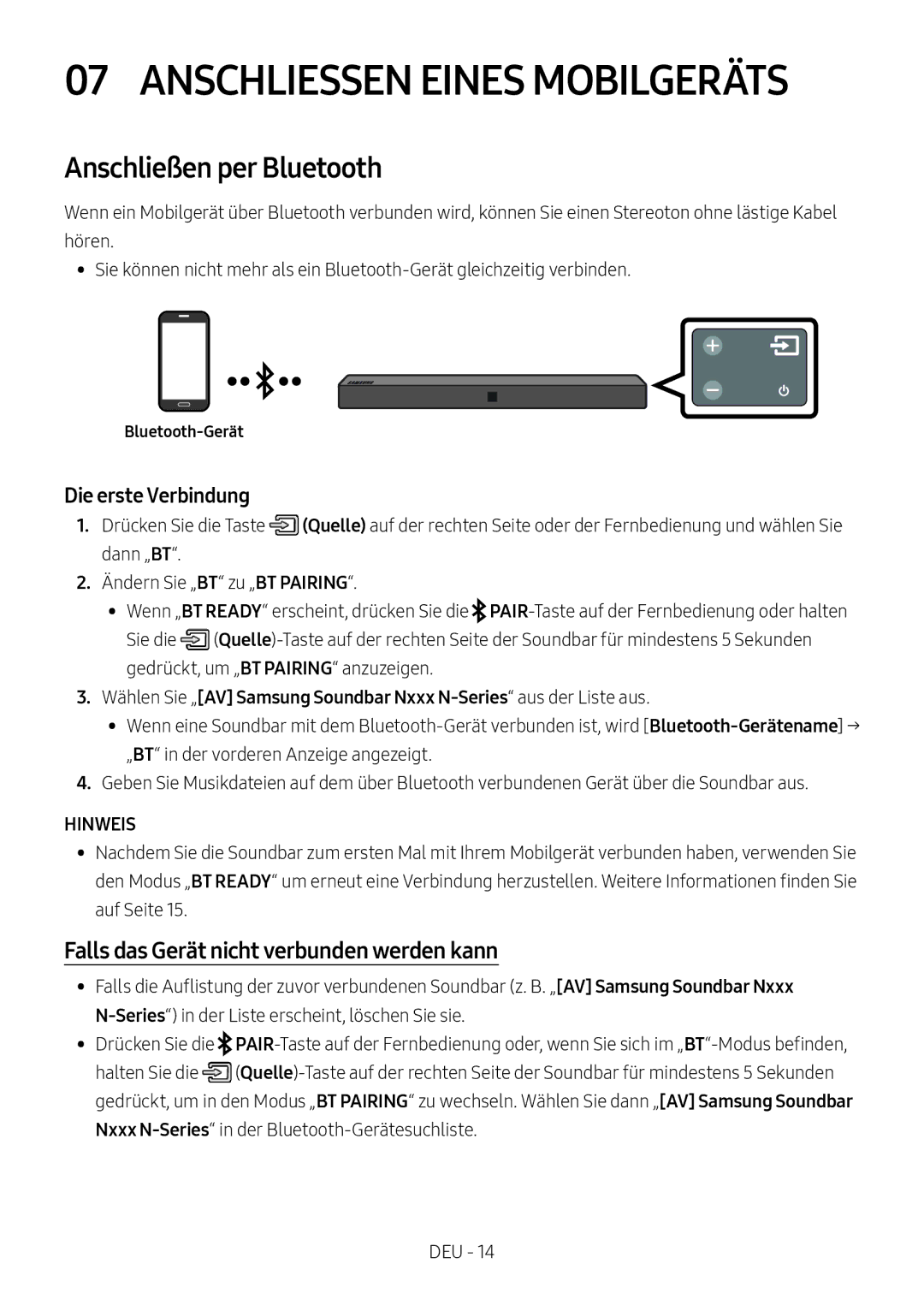 Samsung HW-N400/ZF Anschliessen Eines Mobilgeräts, Anschließen per Bluetooth, Falls das Gerät nicht verbunden werden kann 