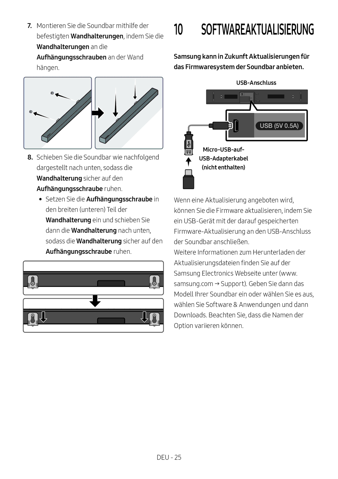 Samsung HW-N400/EN, HW-N400/ZG, HW-N400/ZF manual Softwareaktualisierung, Micro-USB-auf USB-Adapterkabel Nicht enthalten 