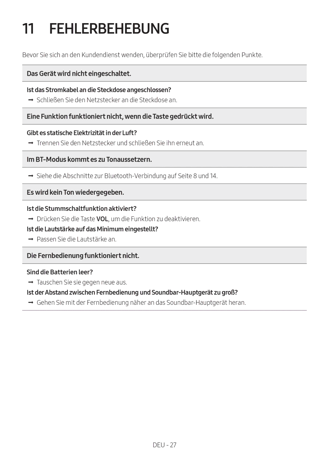 Samsung HW-N400/XN, HW-N400/ZG, HW-N400/ZF, HW-N400/EN, HW-N410/XE manual Fehlerbehebung, Das Gerät wird nicht eingeschaltet 