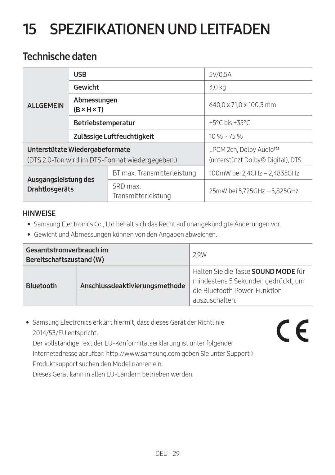 Samsung HW-N400/ZF, HW-N400/ZG, HW-N400/EN Spezifikationen UND Leitfaden, Technische daten, Anschlussdeaktivierungsmethode 