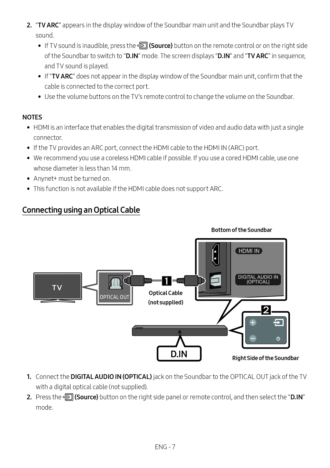 Samsung HW-N400/ZF, HW-N400/ZG, HW-N400/EN, HW-N410/XE manual Connecting using an Optical Cable, Optical Cable Not supplied 