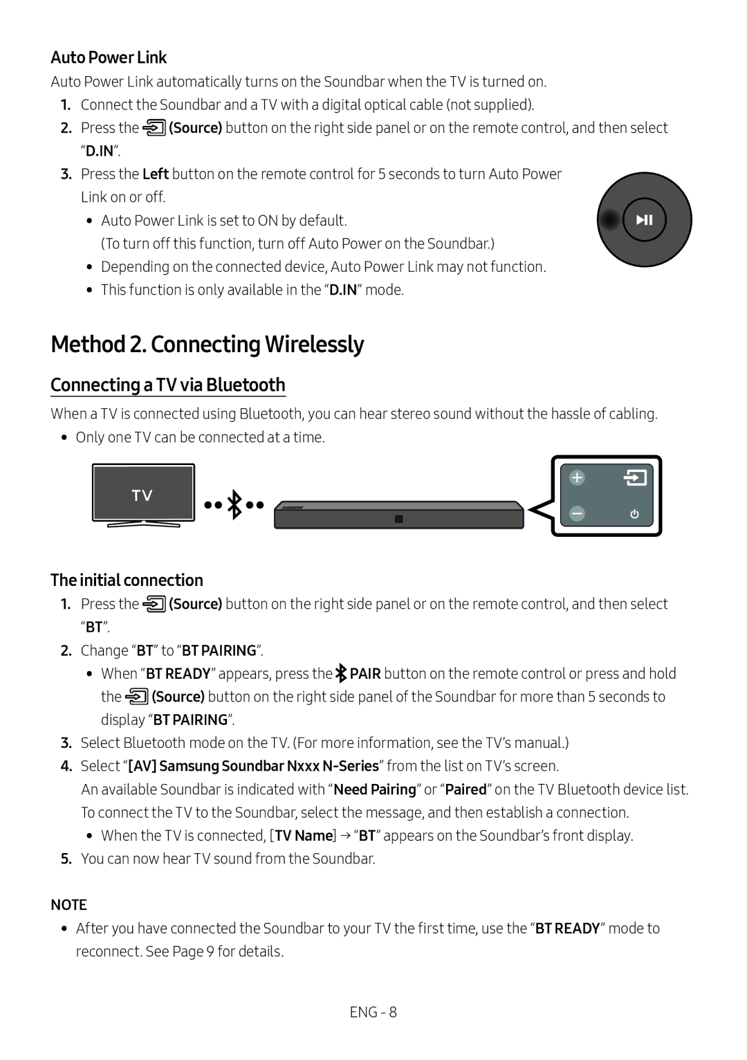 Samsung HW-N400/EN, HW-N400/ZG, HW-N400/ZF, HW-N410/XE manual Method 2. Connecting Wirelessly, Connecting a TV via Bluetooth 