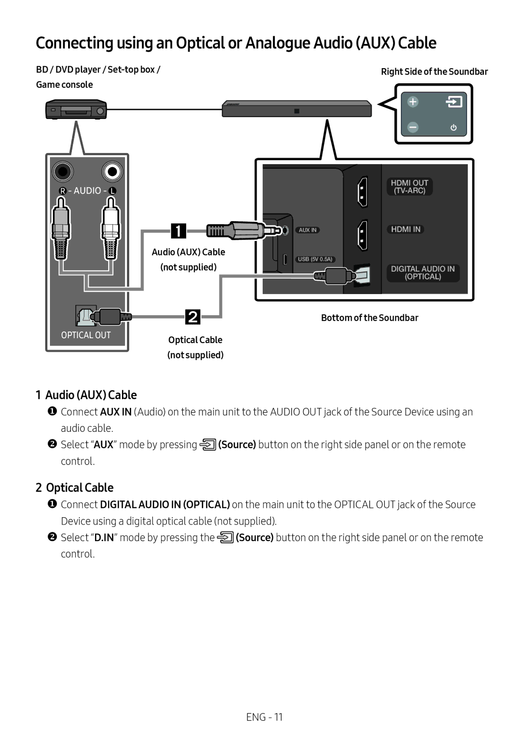 Samsung HW-N400/ZG Connecting using an Optical or Analogue Audio AUX Cable, BD / DVD player / Set-top box, Game console 