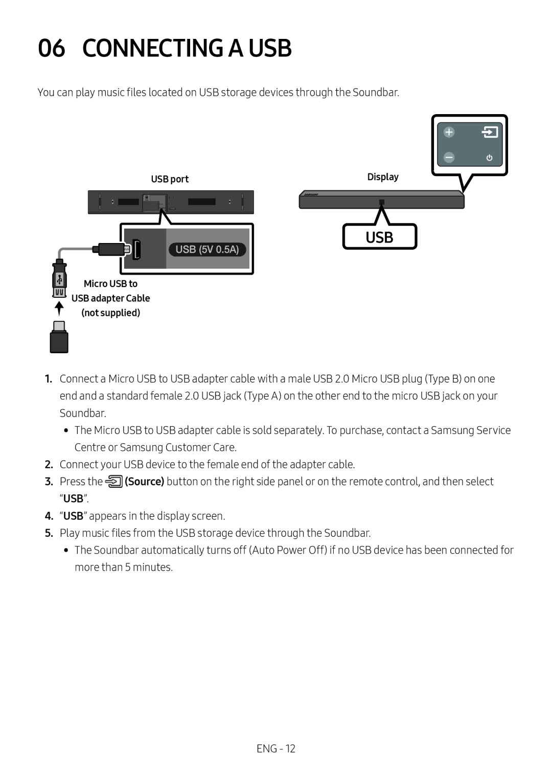 Samsung HW-N400/ZF, HW-N400/ZG, HW-N400/EN Connecting a USB, USB portDisplay, Micro USB to USB adapter Cable Not supplied 