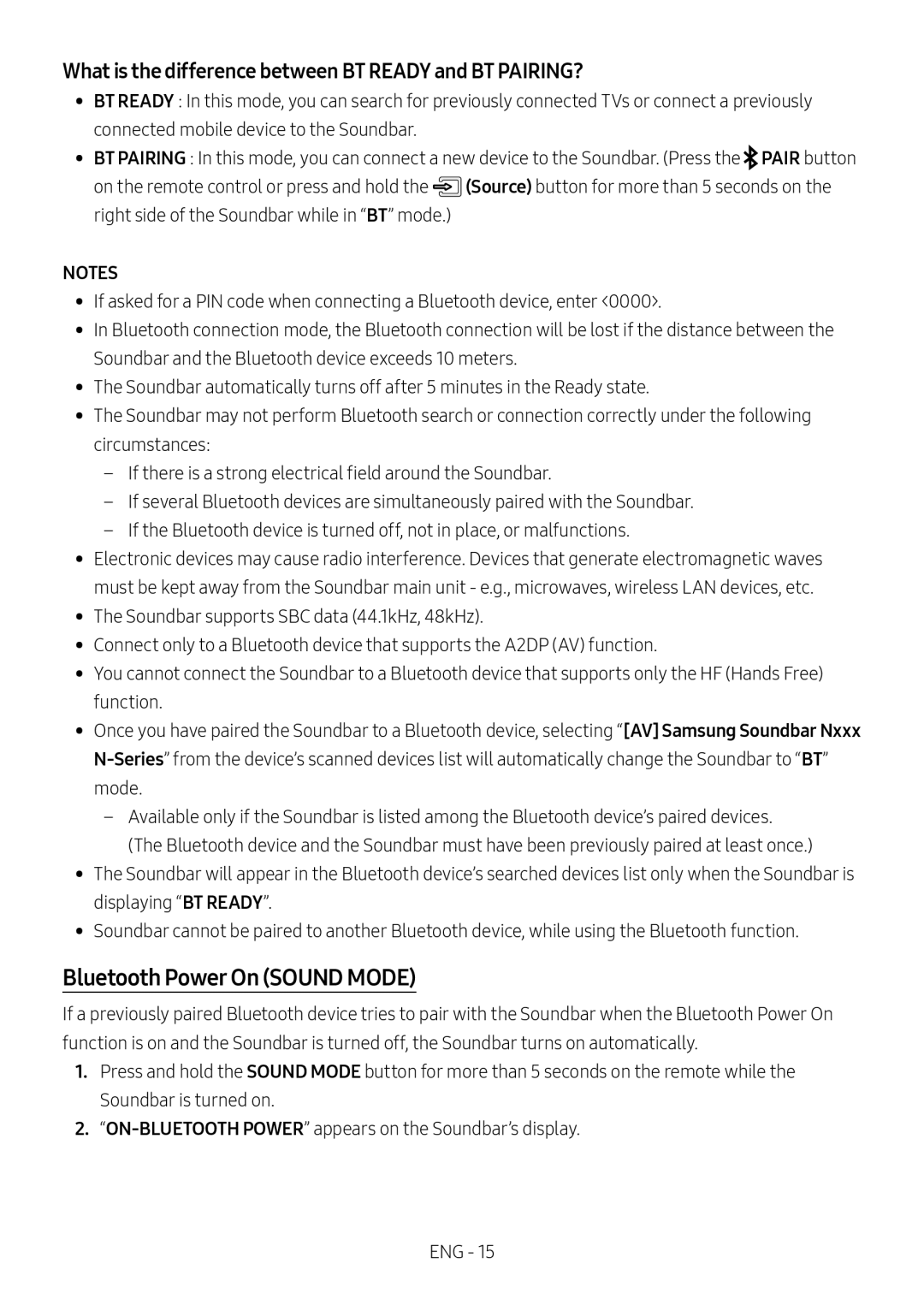 Samsung HW-N400/XN, HW-N400/ZG, HW-N400/ZF, HW-N400/EN, HW-N410/XE manual Bluetooth Power On Sound Mode 