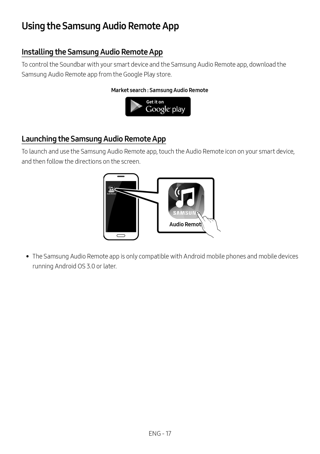 Samsung HW-N400/ZF, HW-N400/ZG, HW-N400/EN manual Using the Samsung Audio Remote App, Installing the Samsung Audio Remote App 