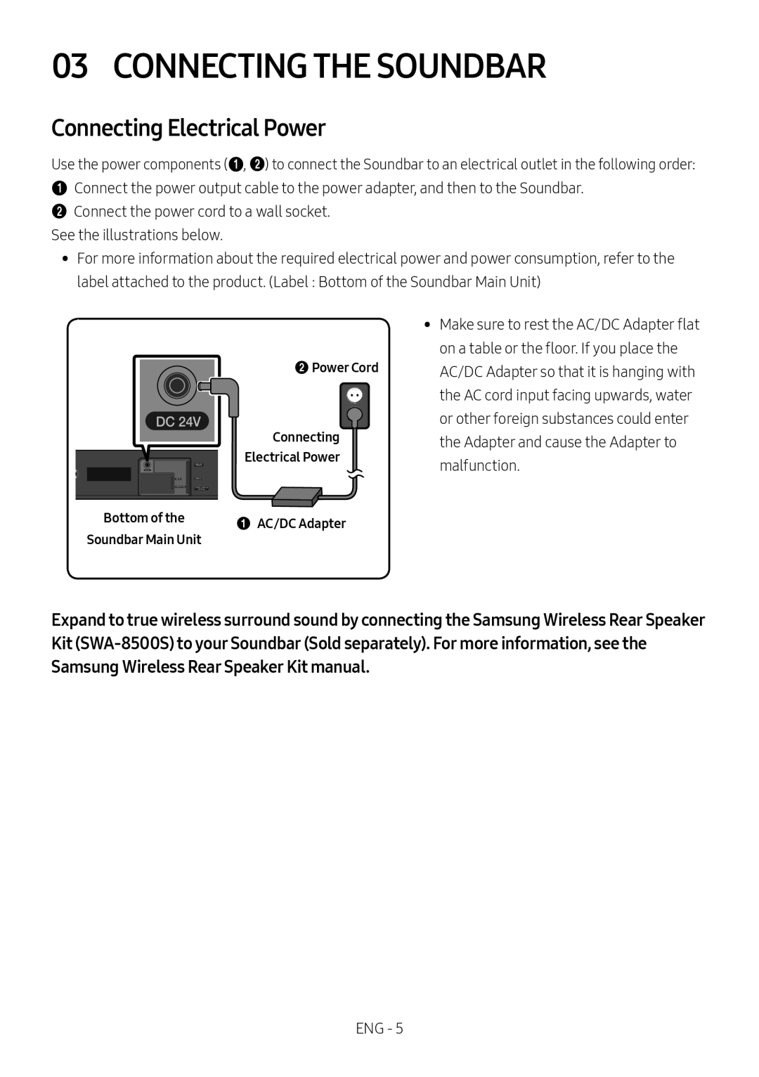 Samsung HW-N400/XN, HW-N400/ZG manual Connecting the Soundbar, Power Cord Connecting Electrical Power, AC/DC Adapter 