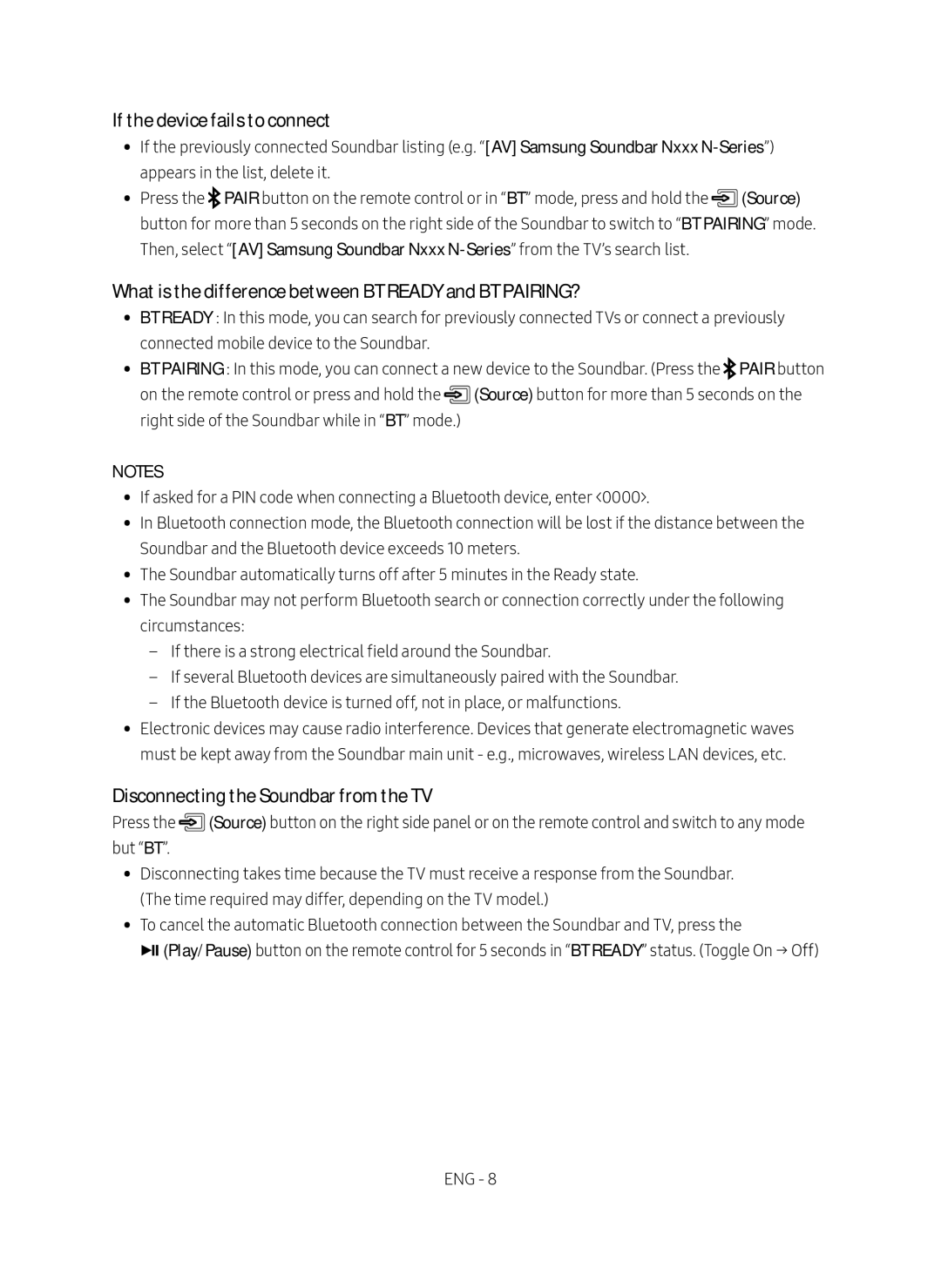 Samsung HW-N400/ZG manual If the device fails to connect, What is the difference between BT Ready and BT PAIRING? 