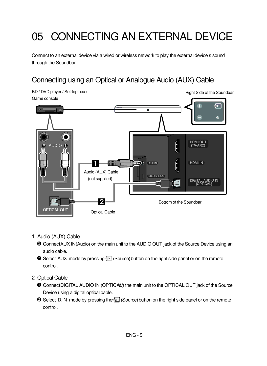 Samsung HW-N400/ZG Connecting AN External Device, Connecting using an Optical or Analogue Audio AUX Cable, Optical Cable 