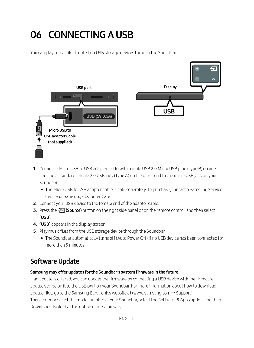 Samsung HW-N400/ZG manual Connecting a USB, Software Update, USB portDisplay, Micro USB to USB adapter Cable Not supplied 