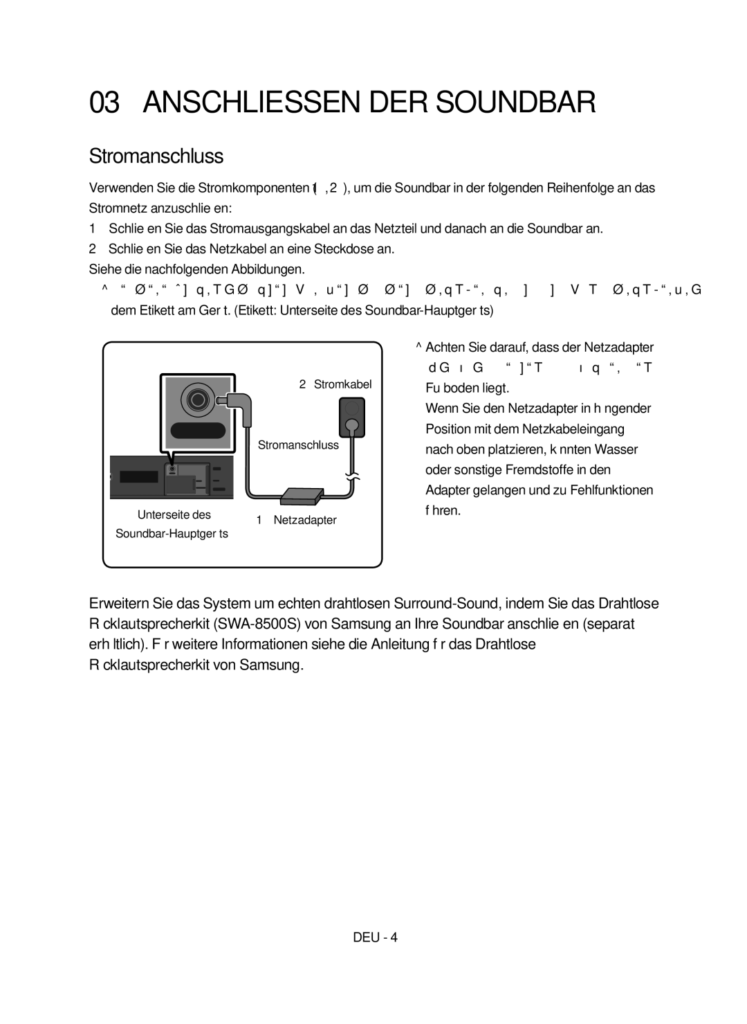 Samsung HW-N400/ZG manual Anschliessen DER Soundbar, Stromkabel Stromanschluss, Netzadapter 