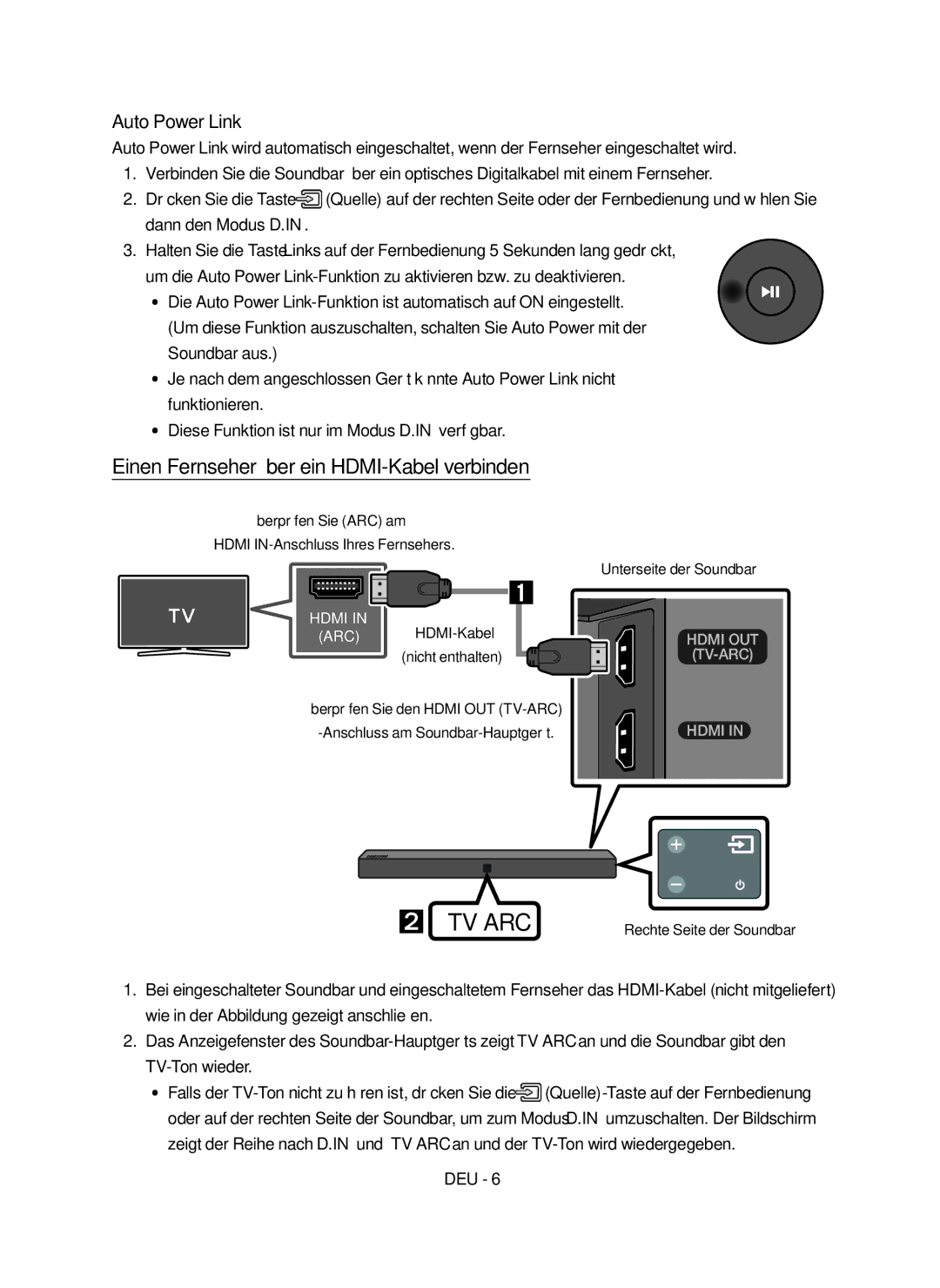 Samsung HW-N400/ZG Einen Fernseher über ein HDMI-Kabel verbinden, Überprüfen Sie ARC am Hdmi IN-Anschluss Ihres Fernsehers 