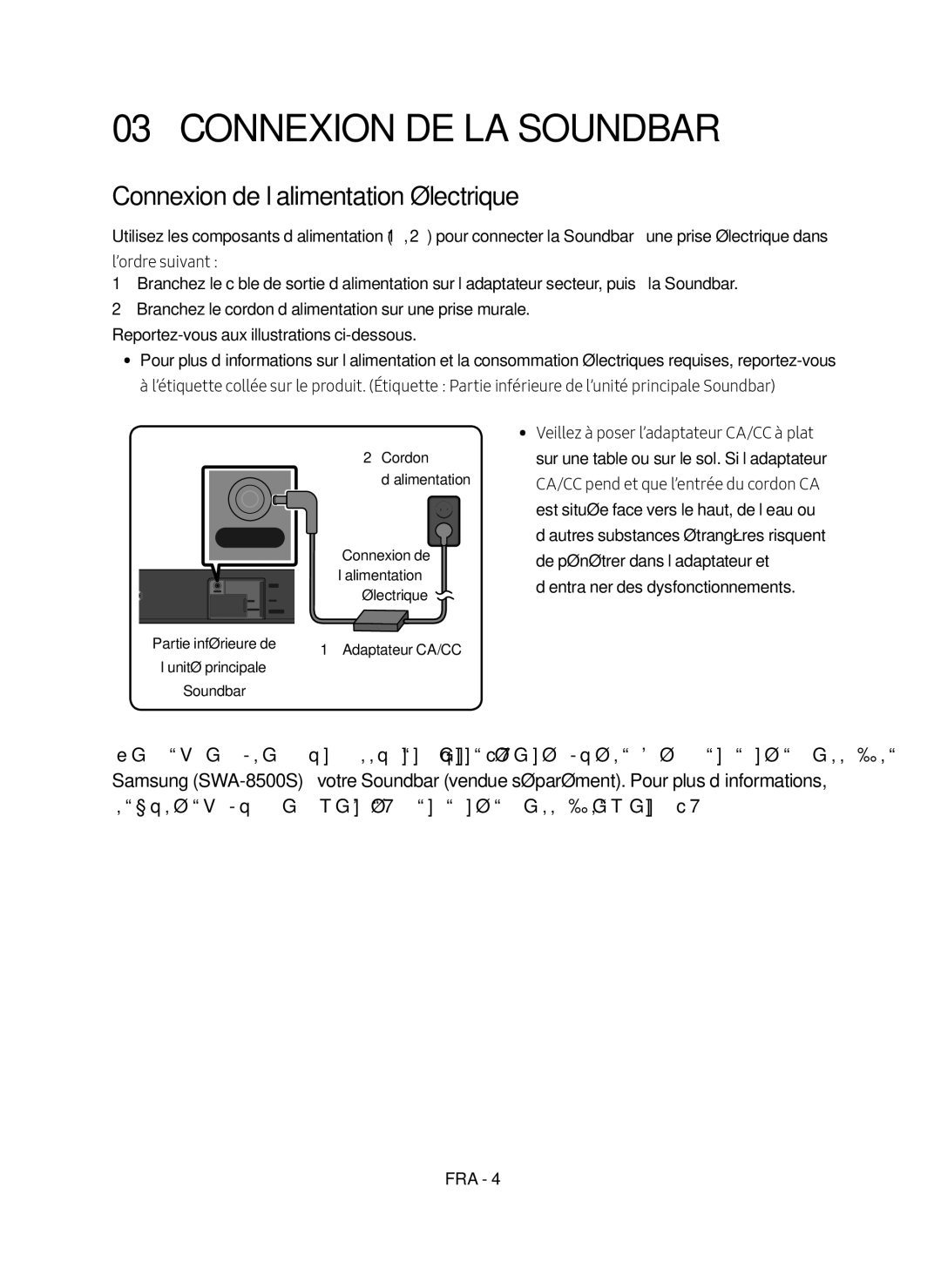 Samsung HW-N400/ZG manual Connexion DE LA Soundbar, Connexion de l’alimentation électrique 