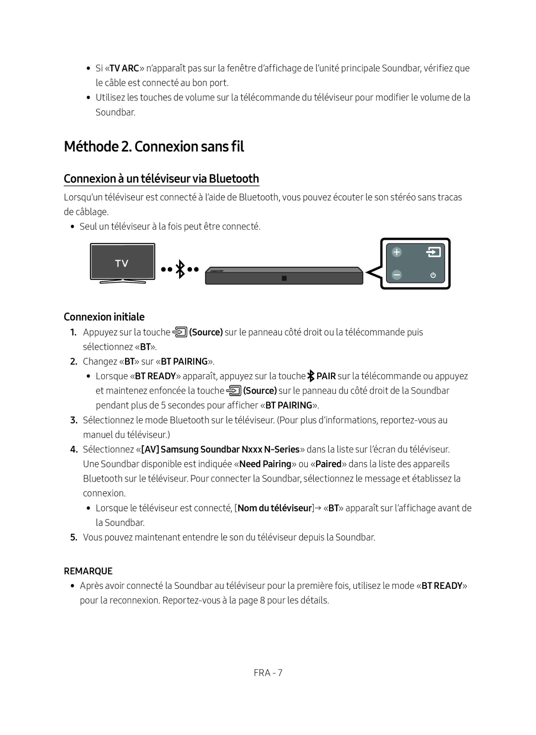 Samsung HW-N400/ZG Méthode 2. Connexion sans fil, Connexion à un téléviseur via Bluetooth, Connexion initiale, Remarque 