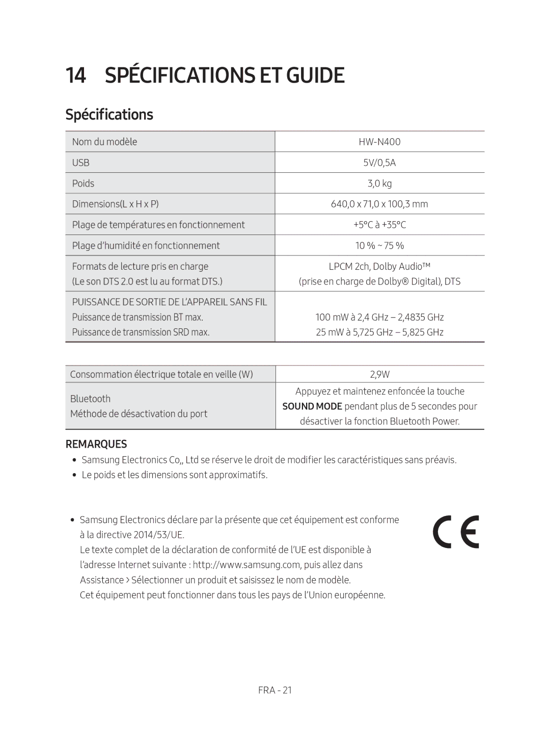 Samsung HW-N400/ZG manual 14 Spécifications ET Guide 