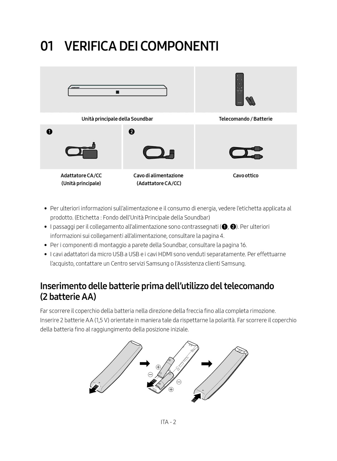 Samsung HW-N400/ZG manual Verifica DEI Componenti, Unità principale della Soundbar, Telecomando / Batterie Cavo ottico 